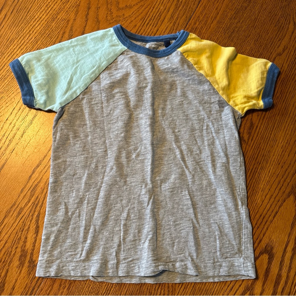 Boden Gray Tee with Blue Trim and Light Blue & Yellow Sleeves